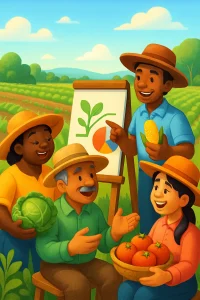 In a sunlit expanse of lush greenery, a diverse group of smallholder farmers gathers in a vibrant 3D illustration. Engaged in lively discussions, they exchange ideas and proudly showcase their bountiful crops. Interactive learning is at the forefront, with colorful flip charts and visual aids enhancing the atmosphere of collaboration. Their smiles radiate warmth and enthusiasm, embodying the spirit of innovation and community in agriculture, as they collectively cultivate not just their fields, but also their knowledge and skills.