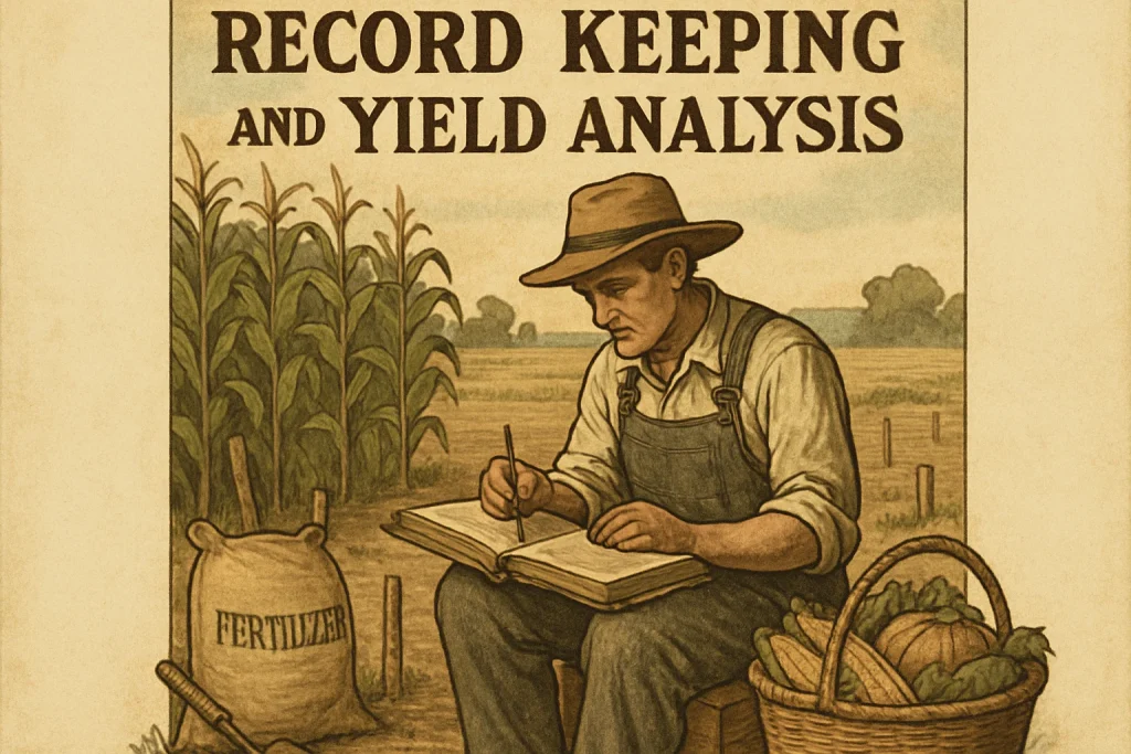 In this vintage-style illustration, a dedicated farmer is captured in the heart of a rustic farming scene, diligently recording crucial details in a well-worn journal. Surrounded by lush fields of golden maize, the farmer harmonizes with an array of traditional farming tools. Soft pegs mark the meticulously planted rows, while bags of fertilizer stand ready to nurture the crops. A harvest basket overflows with vibrant produce, symbolizing the fruits of labor and the significance of thorough record-keeping in sustainable agriculture. The muted colors and nostalgic texture enhance the sense of a rich agricultural history.