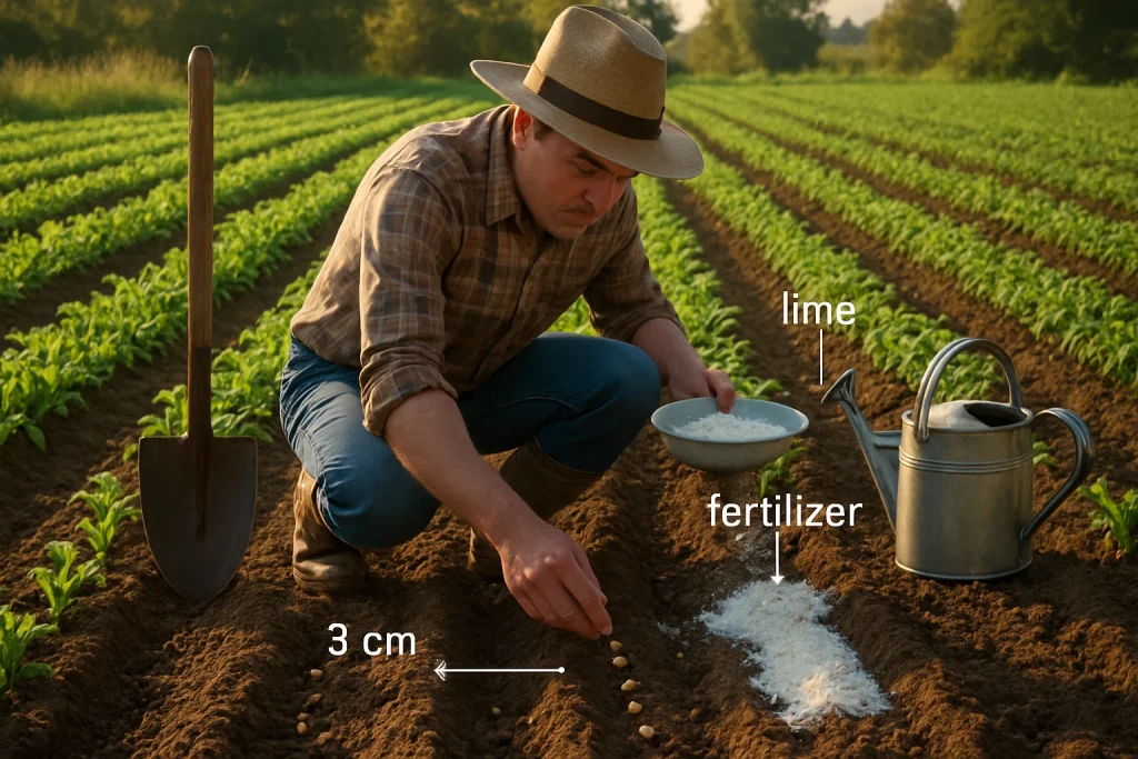 In this vivid scene, a dedicated farmer tends to a flourishing agricultural field, demonstrating the art of sustainable farming. Surrounded by rows of verdant crops, each designated planting station reveals meticulous attention to detail as seeds are sown at the perfect depth of 3 cm. The warm sun casts a golden glow over the landscape, celebrating the harmony of nature and nurture, while organic amendments like lime and fertilizer enrich the soil for a promising harvest. Tools like a spade and watering can lie nearby, symbolizing the labor of love that goes into cultivating life.