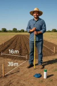 In a serene rural landscape, a dedicated small-scale farmer stands proudly amid a freshly marked plot of land, eager for the journey ahead. With measuring tape in hand and wooden stakes defining the corners, this scene captures the essence of hope and anticipation. Set beneath a clear blue sky, the farmer's tools, including a biodegradable paint marker and string line, lay ready for action, symbolizing a canvas where dreams of a bountiful harvest will soon come to life.