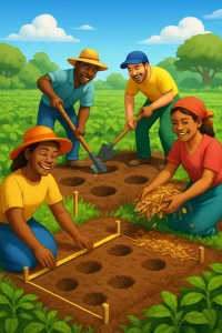 A vibrant 3D illustration capturing a diverse group of farmers in a lush green field, joyfully engaged in hands-on agricultural tasks. The scene showcases them measuring a rectangular plot with pegs and tape, digging planting stations with hoes, and spreading natural mulch made of dried leaves and straw. Expressions of camaraderie and teamwork radiate as they connect with the soil and each other, surrounded by the vibrant colors and textures of nature, embodying the essence of the Pfumvudza method.