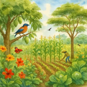 A stunning watercolor illustration depicting a vibrant agroforestry landscape where lush mango and acacia trees stand tall alongside flourishing maize and vegetable crops. This harmonious setting bursts with life, featuring a kaleidoscope of flowers, fluttering insects, and colorful birds that illustrate the rich biodiversity thriving in this balanced ecosystem. This artwork beautifully symbolizes the integration of sustainable smallholder farming practices, inviting viewers to appreciate the delicate interplay between nature and agriculture.