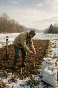 In a serene winter landscape, a dedicated farmer meticulously prepares for the future of sustainable agriculture. Surrounded by freshly cleared earth and scattered weeds, he marks out a precise 39-meter by 16-meter plot with permanent pegs and a string line, embodying the spirit of care and connection to nature. Tools for digging planting stations and bags of fertilizer lie nearby, while a picturesque sky looms overhead, hinting at the promise of burgeoning crops on the horizon.